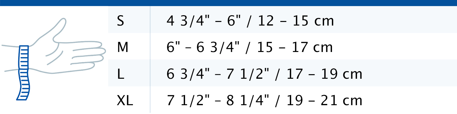 Size chart showing measurements for Actimove Arthritis Care Wrist Support
 Size chart showing measurements for Actimove Arthritis Care Wrist Support